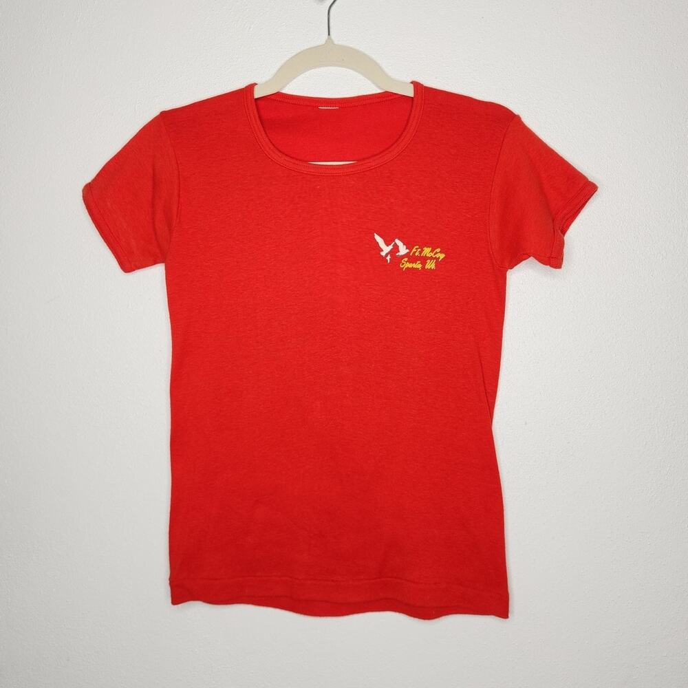 Vintage 70s Babydoll Shirt Red Womens Fort McCoy Sparta Wisconsin Military Army
